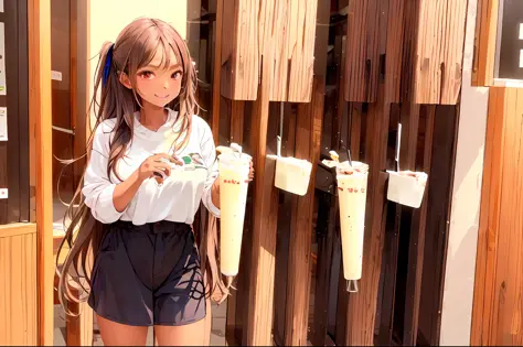 girl drinking milk tea has dark skin, long hair, face round, write filters