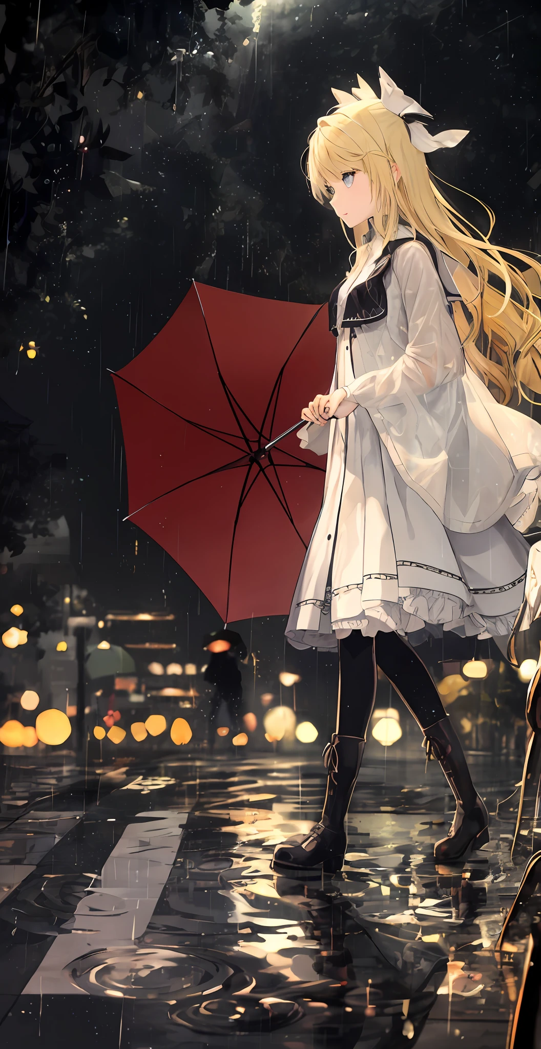 Anime girl walking in rain with umbrella, By Yuumei, Rained, under rain, Anime art wallpaper 8 K, anime wallaper, rain!!!!, ultra hd anime wallpaper, Beautiful anime artwork, hd anime wallaper, Rained!!, Anime art wallpaper 4k, Anime art wallpaper 4 K,  4K anime wallpaper, nightcore，White hair，blonde eyes，Petite and lovely，