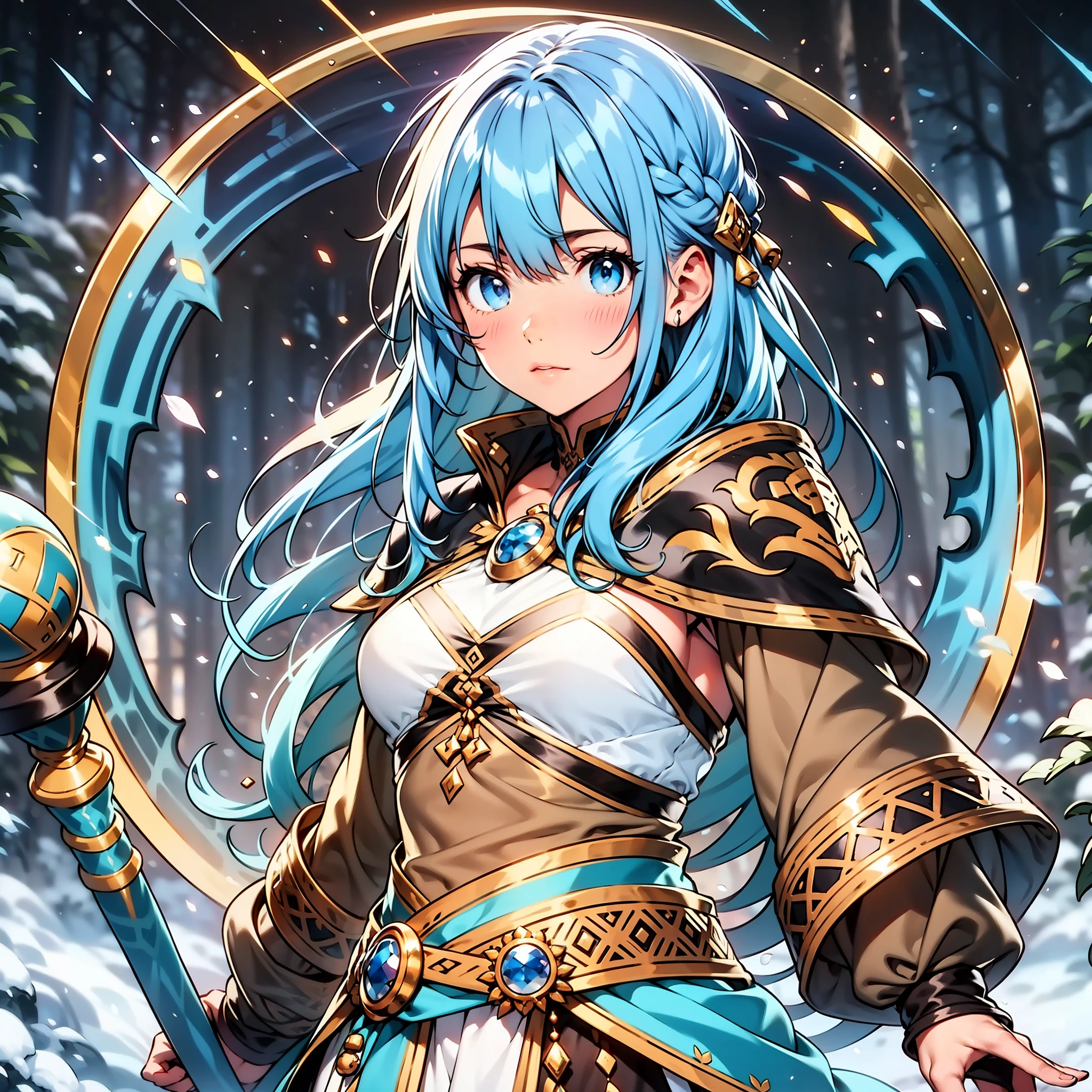 jovem maga de gelo pequena com blue colored eyes e cabelo azul, fully body, pale skin, shorth hair, short hair, blue hairs, blue colored eyes, wizard&#39;s staff, ice staff, blue clothing, snowing background, RPG, rpg fantasia, medieval fantasy