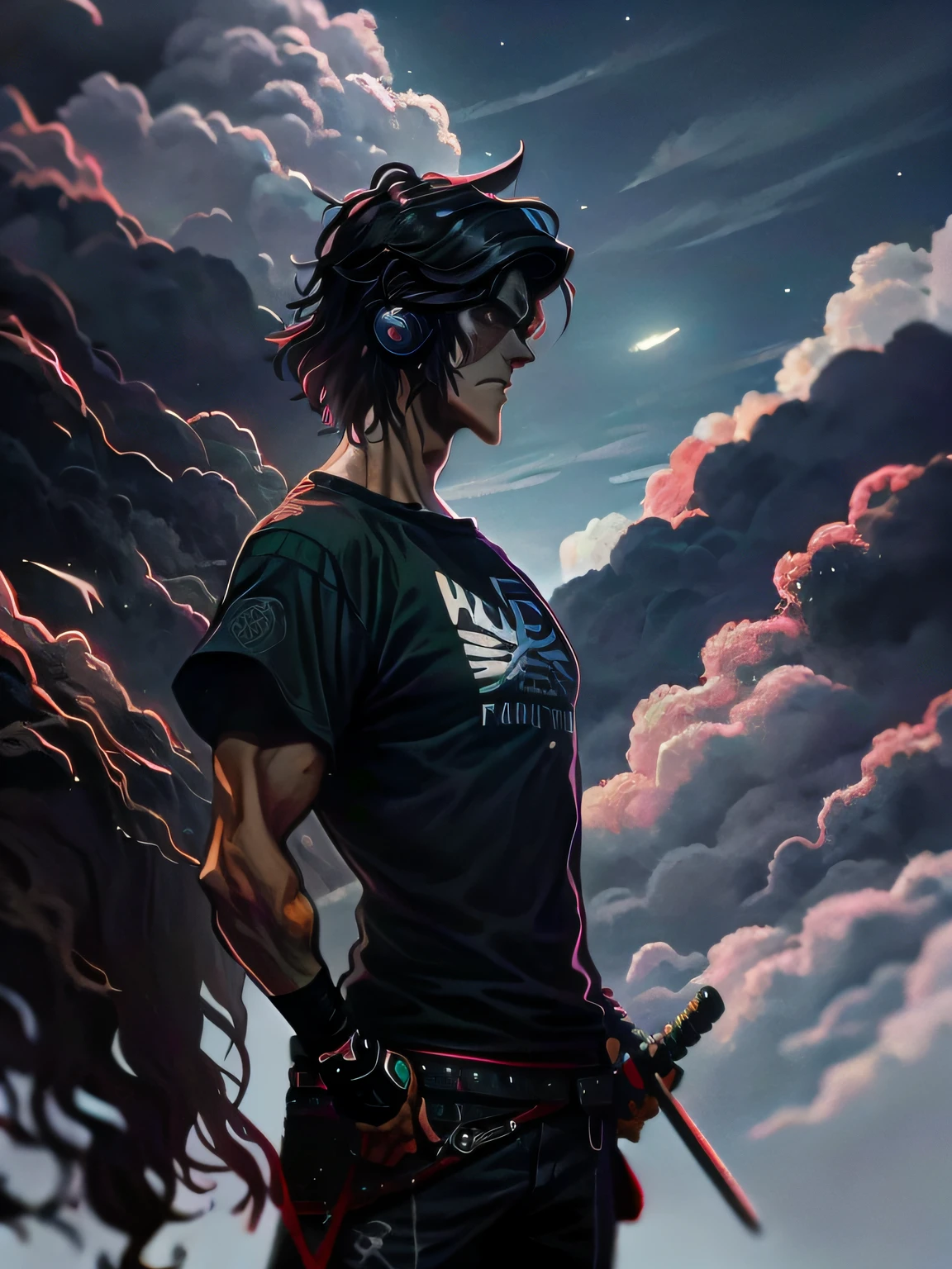 There is a man standing with a katana, imagem de corpo inteiro, com fones de ouvido, em camiseta, imagem de qualidade muitoalta, foto de perfil 1024px, imagem futurista ciberpunk, Perfil frontal!, Potrait, Condutor de Ene, he is wearing a black t-shirt, Photo adjustment, mateus 9 5, imagem frontal, clouds and black smoke effects, noite, cidade ciberpunk, Homem moreno, Fortnite,