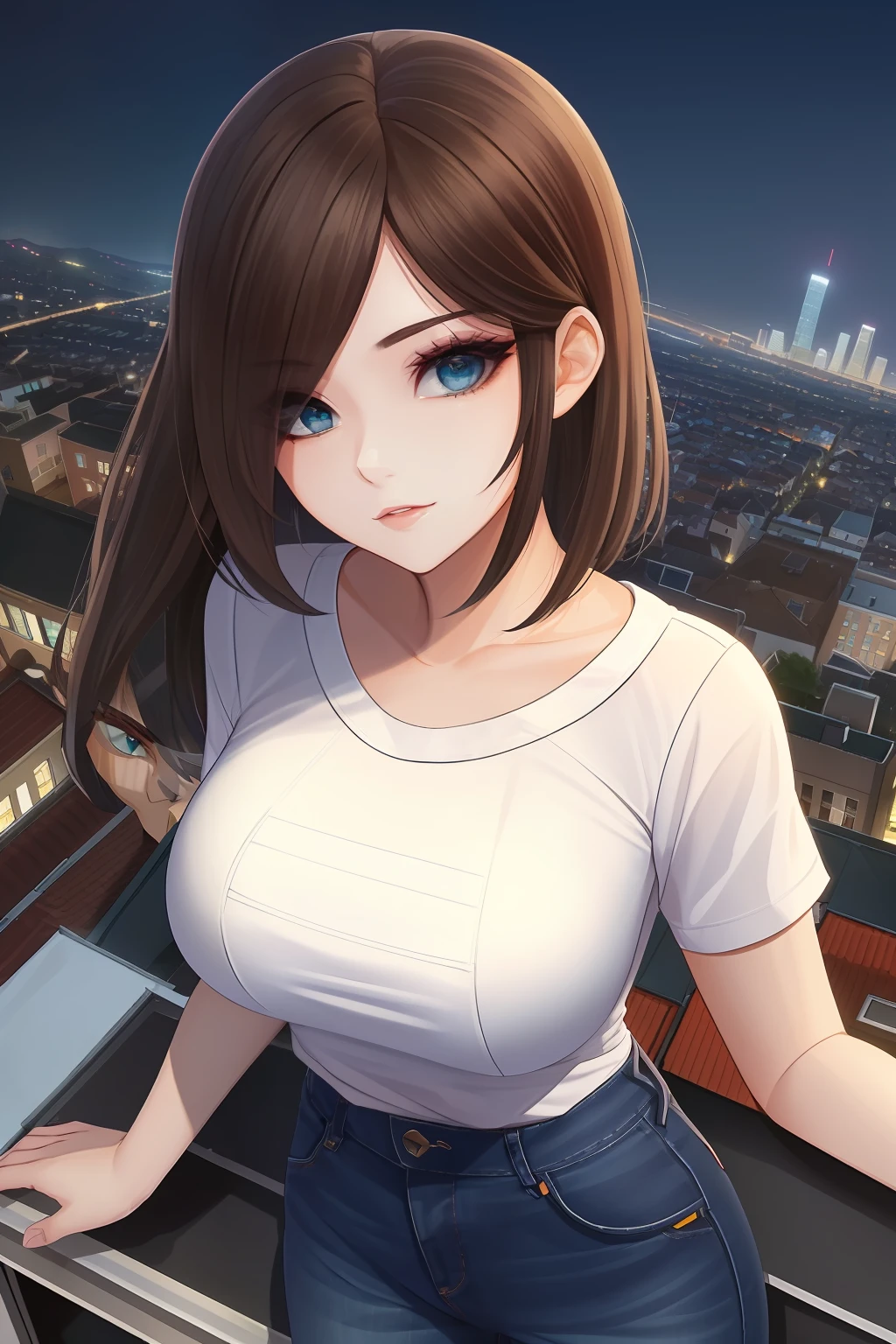 ((Midnight, Best quality, 8k, Masterpiece :1.3)), Whole body, Long legs, Sharp focus :1.2, A pretty woman with perfect figure :1.4, Slender abs :1.1, ((Dark brown hair, Big breasts :1.2)), (White tight tshirt, Jean bib, Standing:1.2), ((Night city view, Rooftop:1.3)), Highly detailed face and skin texture, Detailed eyes, Double eyelid