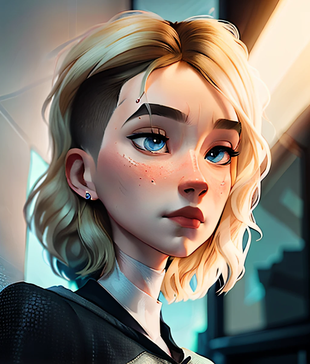 ((masterpiece)), (cinematic lighting), a close-up, beautiful stylized illustration of gwen_stacy, with a sidecut, asymetrical blonde hair, with incredibly detailed blue eyes and a beautiful detailed face, with parted lips, the side of her head shaved, bare shoulders, casual in the city, looking away, by jeremy mann, by sandra chevrier, by dave mckean and richard avedon and maciej kuciara, high detailed, 8k,  samdoesart style