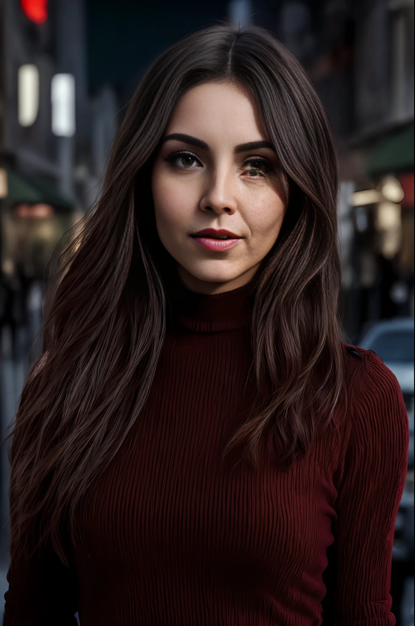 Mulher de gola alta vermelha posando para uma foto, Ana de Armas Retrato, Retrato Sophie Mudd, cinematic headshot portrait, Retrato de Ana de Armas, Retrato de um modelo bonito, Madison Beer Girl Retrato, pintura digital fotorrealista, lindo rosto atraente, modelo feminino bonito, rosto bonito fotorrealista, mulher jovem bonita, foto de retrato de pintura fosca