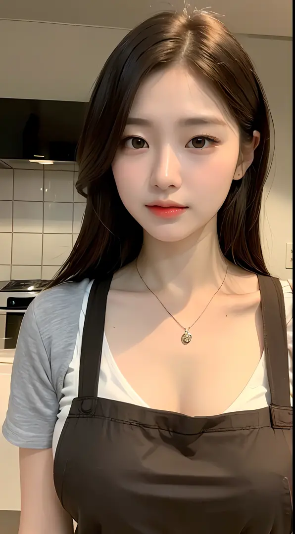 (Best quality, 8k, masterpiece: 1.3), a beautiful woman with perfect figure: 1.4, dark brown hair, wearing a pendant, wearing an apron, in the kitchen, highly detailed face and skin, detailed eyes, double eyelids, big breasts