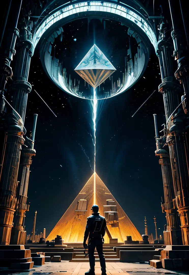 a man coming out of a spaceship like the one in Startrek, Black man. holding a mechanical pyramid with floating glowing cubes, the pyramid has some glowing lines. the cubes are radiating energy. the man is commanding the pyramid, the man is a scientist. Hy...