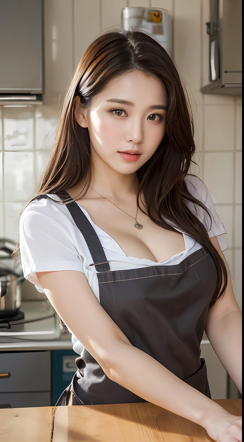 (Best quality, 8k, masterpiece: 1.3), a beautiful woman with perfect figure: 1.2, dark brown hair, wearing a pendant, wearing an apron, in the kitchen, highly detailed face and skin, detailed eyes, double eyelids, big breasts