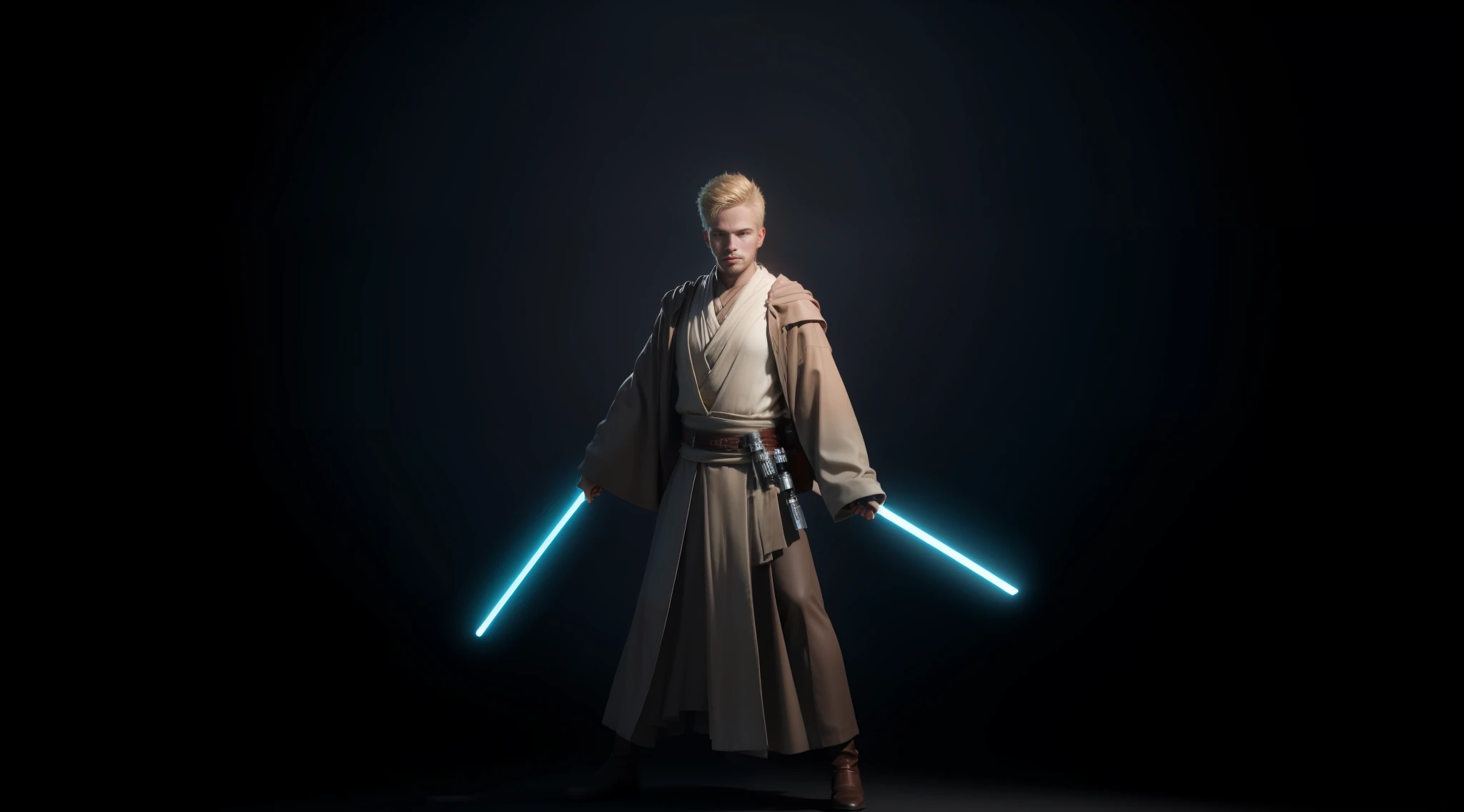 make realistic, 3d graphic young man, blond short hair, white jedi robes