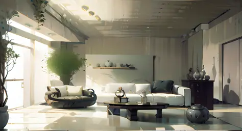 arafed living room with a couch, a chair, table and a large window, cream - colored room, sand - colored walls, beige color scheme, cream and white color scheme, beige and dark atmosphere, neo - classical style, serene and peaceful style, unreal engine 5 h...