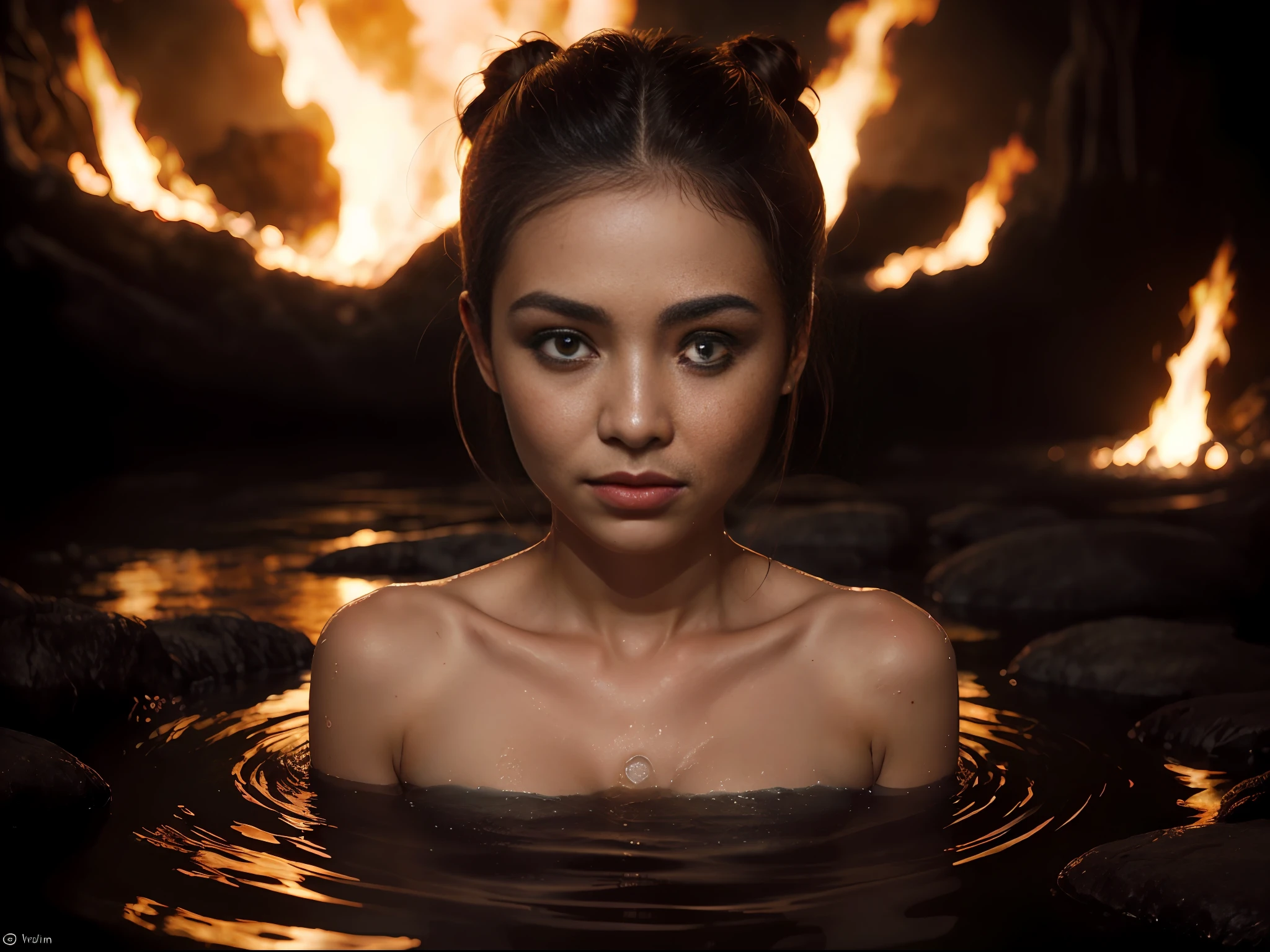 (night) with a lot of reflection of fire on the surface of the waters, epiCRealism, rain of fire, very stunning indonesian balinese girl, sunburnt ebony skin, long light straight hair, wavy at the height of the back, gray eyes, fluffy turned, ((big cheeks)), (close-up upper body:1.3), over shoulder, plump lips, detailed (wrinkles, blemishes!, folds!, moles, viens, pores!!, skin imperfections:1.4), detailed eyes, detailed face, detailed upper body, Better eyes, Better face, Better skin, bathing in the natural, wet hair, naked in a deep lake of flames and transparent lava, only with the head and neck out of the lava, gueixa eyes, 18 years old, tangled hair, messy hair, ebony lips, 8k uhd, forest in flames, river of flames, contrast, clear sky, style, (warm hue, warm tone), analog style (look at viewer:1.2) (skin texture), close up, cinematic light, sidelighting, Fujiflim XT3, DSLR, 50mm, topless woman, puffies, dark mysterious forest in flames, thick fog, menacing eyes, long hair, blunt bangs, hair bun, twintails, double bun, sidelocks, clothed bathing, girl floating above the water, MagmaTech forest in flames in background, lava around water, concept art