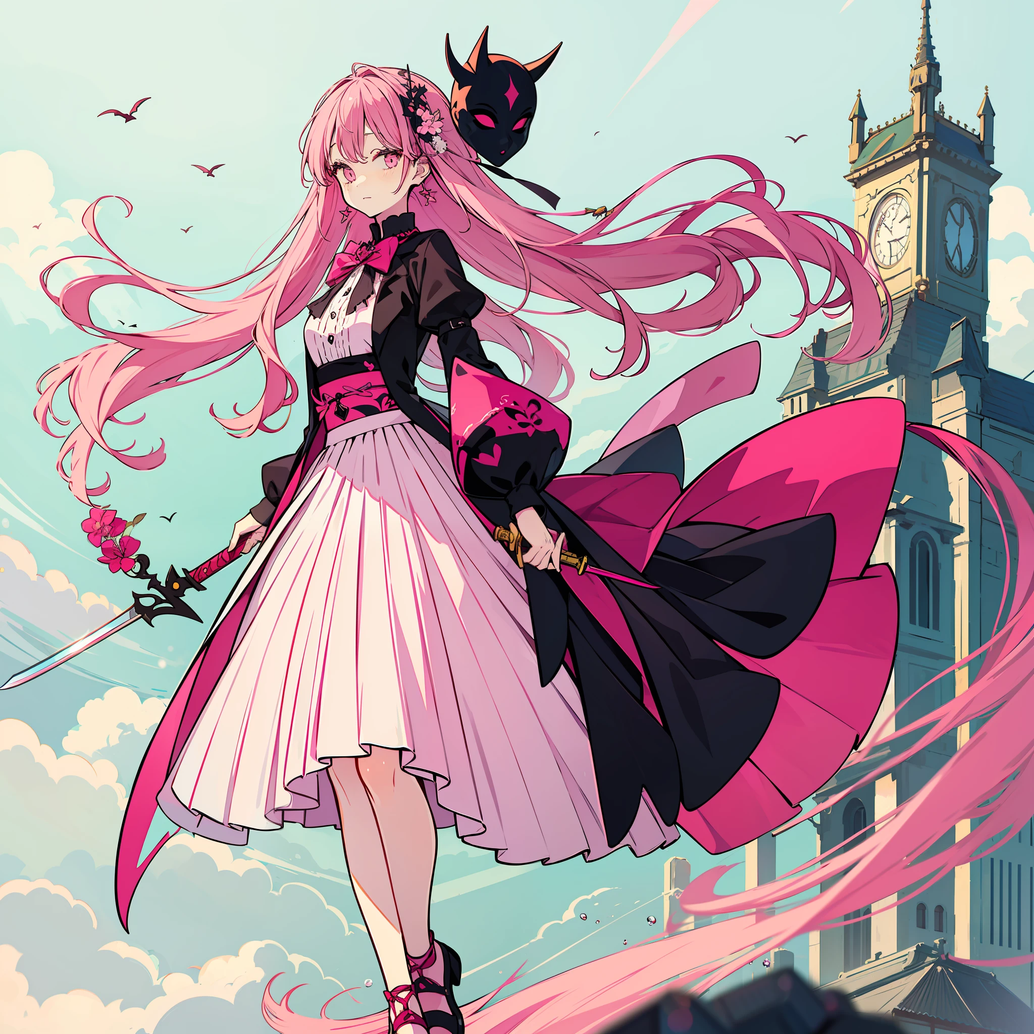 this illustration of a girl in pink dress holding a sword and flowers around her, 1girl, hata no kokoro, mask, weapon, solo, long hair, skirt, pink hair, shirt, mask on head, polearm, pink eyes, bubble skirt, long sleeves, bow, plaid shirt, architecture, full body