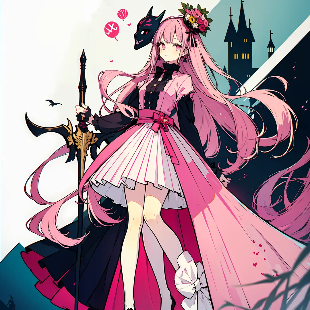 this illustration of a girl in pink dress holding a sword and flowers around her, 1girl, hata no kokoro, mask, weapon, solo, lon...