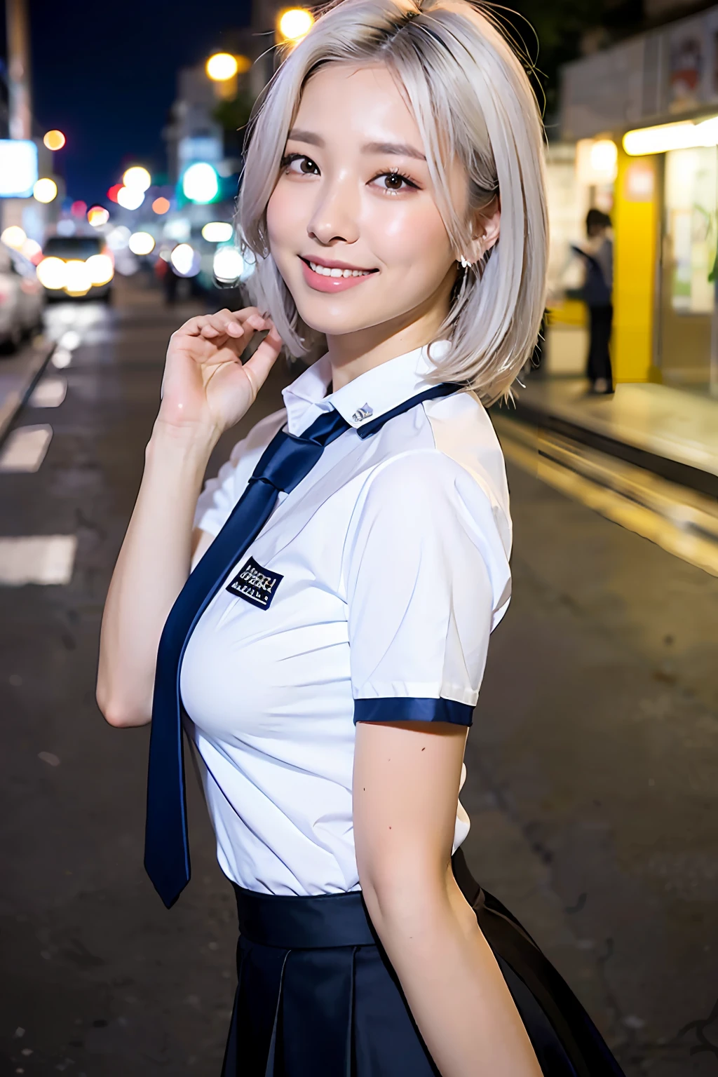 (8k, RAW photo, best quality, mastery:1.3),(realistic,photo-realistic:1.37),(night),(looking viewer:1.331),(white hair),posing,Tokyo street,nightcityscape,cyberpunk city,soft light, 1girl, extremely beautiful face, perfect body proportions, focal length, bust, casual hairstyle, smile, big eyes, (short sleeves JK_shirt), JK_style, (navy JK_skirt), (bow JK_tie), mix4, detailed eyes