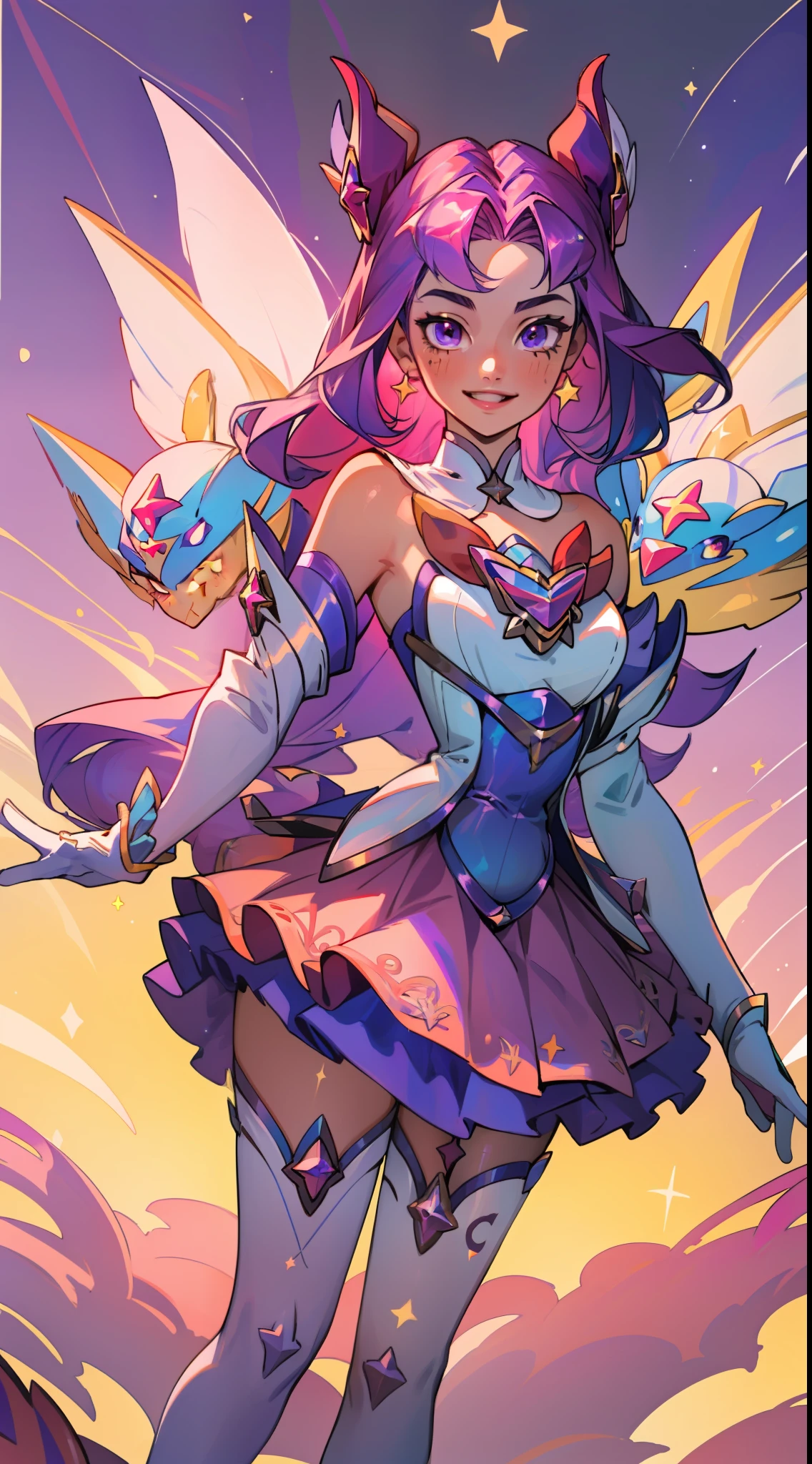 (masterpiece, best quality),  intricate details, 8k, artstation, wallpaper, official art, splash art, sharp focus,
1girl,   Star_Guardian_Kai'Sa, white_legwear, white_gloves, pink_skirt,, smile, (yellow blue purple theme)