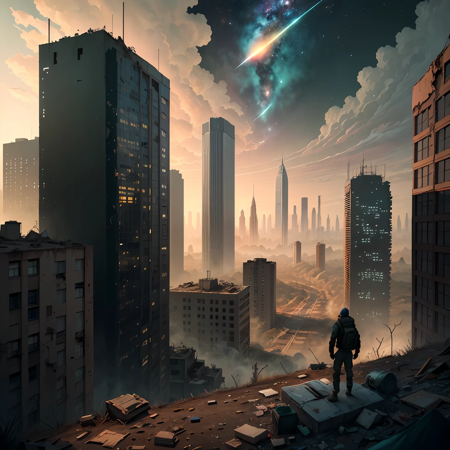 Abandoned big city，Overlooking，hazed out，An army，Dark style，Middle of the night，Meteorite fall