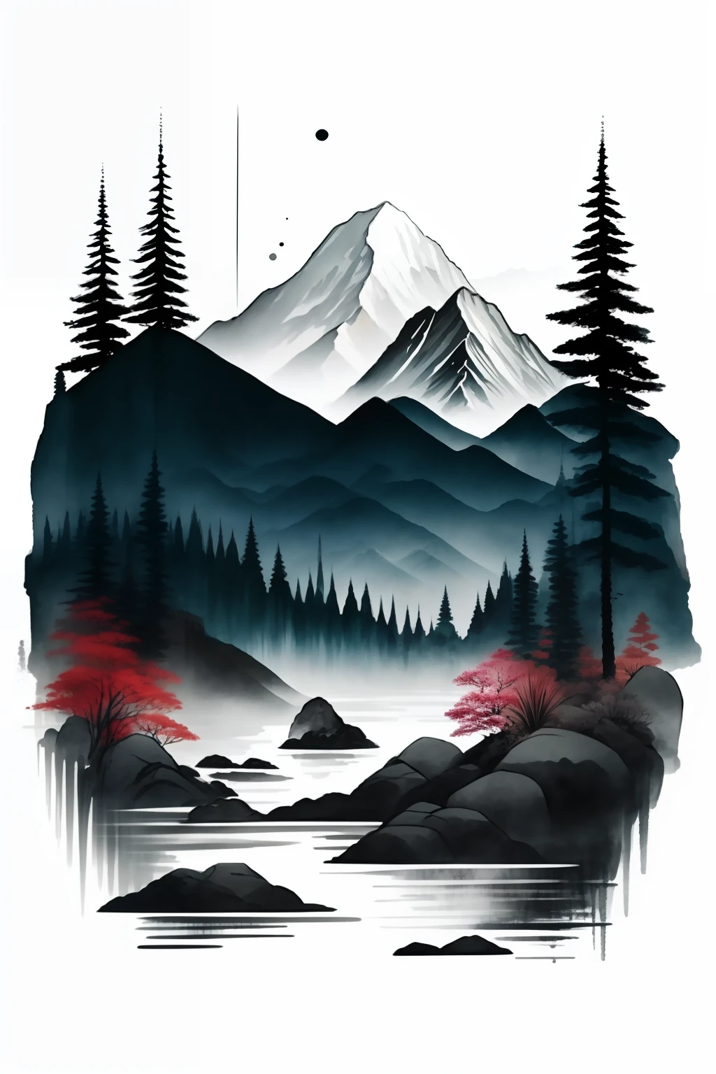 "An ink painting masterpiece with a serene white background showcasing a breathtaking landscape of majestic mountains, pristine water, and lush trees."