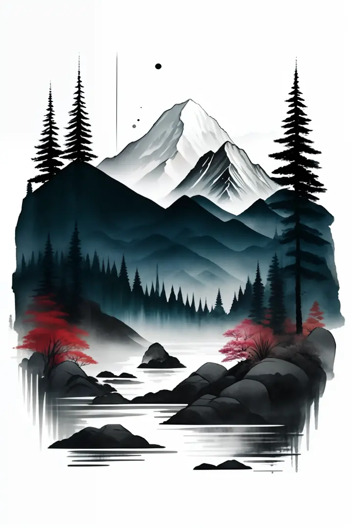 "An ink painting masterpiece with a serene white background showcasing a breathtaking landscape of majestic mountains, pristine ...