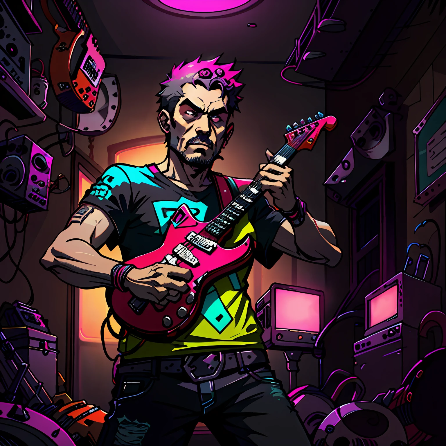 arte da camiseta, 2D, ((fundo preto: 1, 5)),1 guitarra neon, guitarra instrumento musical, rock, sons musicais