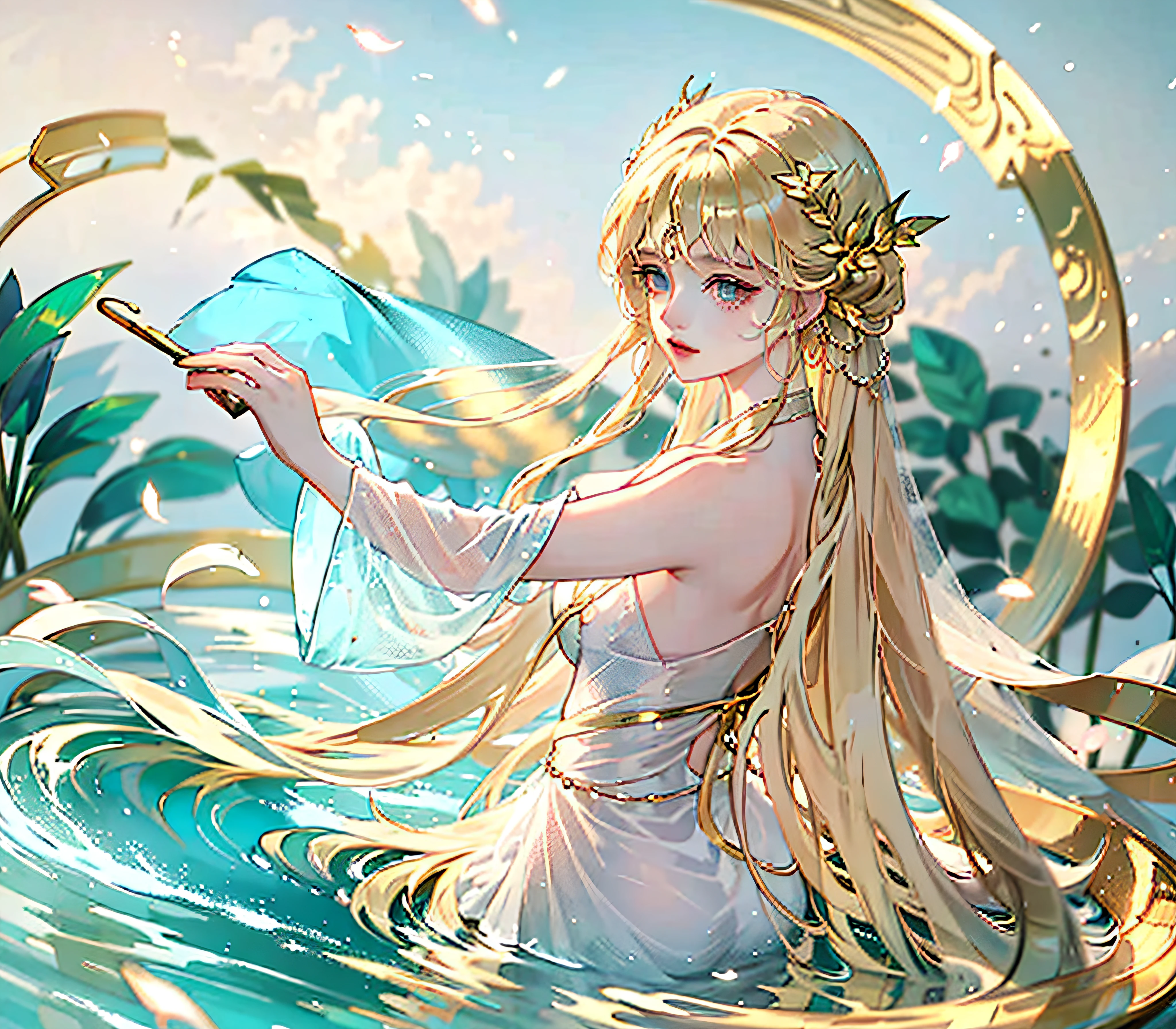 Still water flows deeply，A song of vicissitudes， blond girl ，Goddess Maiden ，Plain white simple dress，Golden textured metal petals Extremely smooth long hair， Long-haired golden plant anthropomorphic ，spectacular backdrops， Overgrowth ，The background is empty