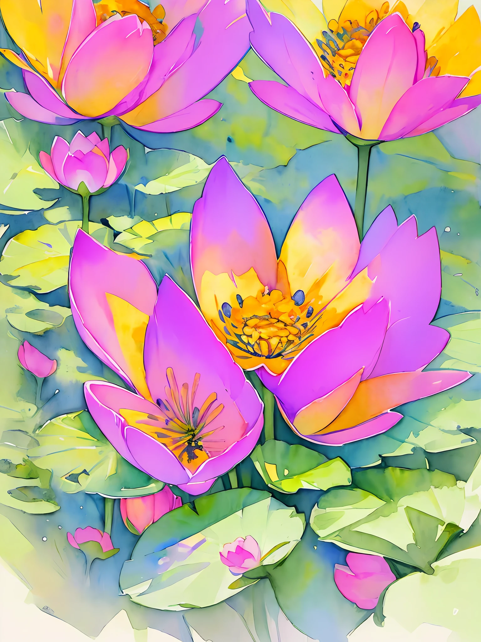 top view lotus flowers on the water surface, highly detailed render, concept art, depth of field, bokeh, octane render, sunny mystical atmosphere Elemental flowers, 32k, watercolor