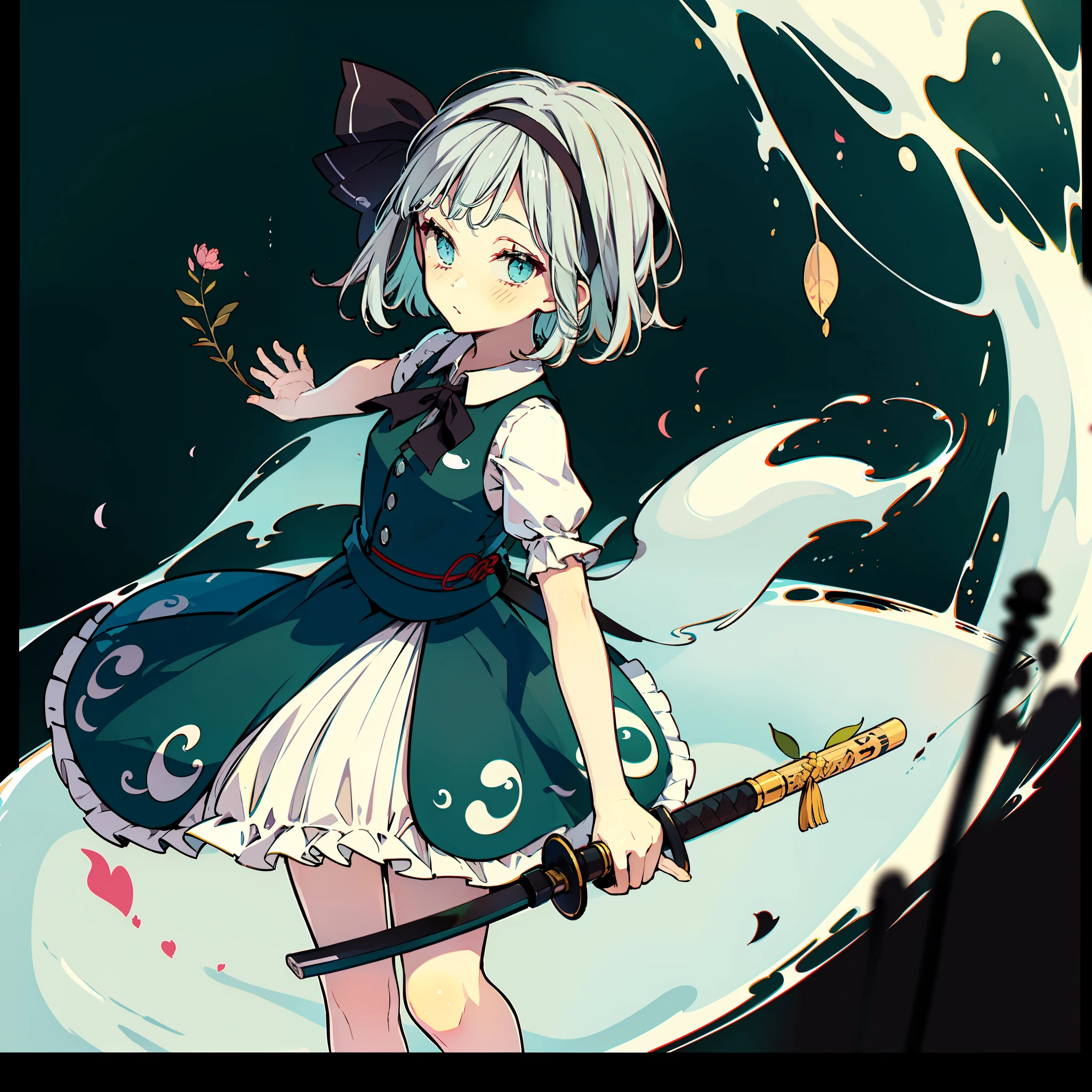 a picture of a picture of an angel with short dark hair and a dress, 1girl, solo, konpaku youmu, weapon, sword, short hair, bloomers, white hair, katana, hairband, sheath, looking at viewer