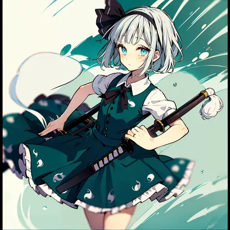 a picture of a picture of an angel with short dark hair and a dress, 1girl, solo, konpaku youmu, weapon, sword, short hair, bloo...