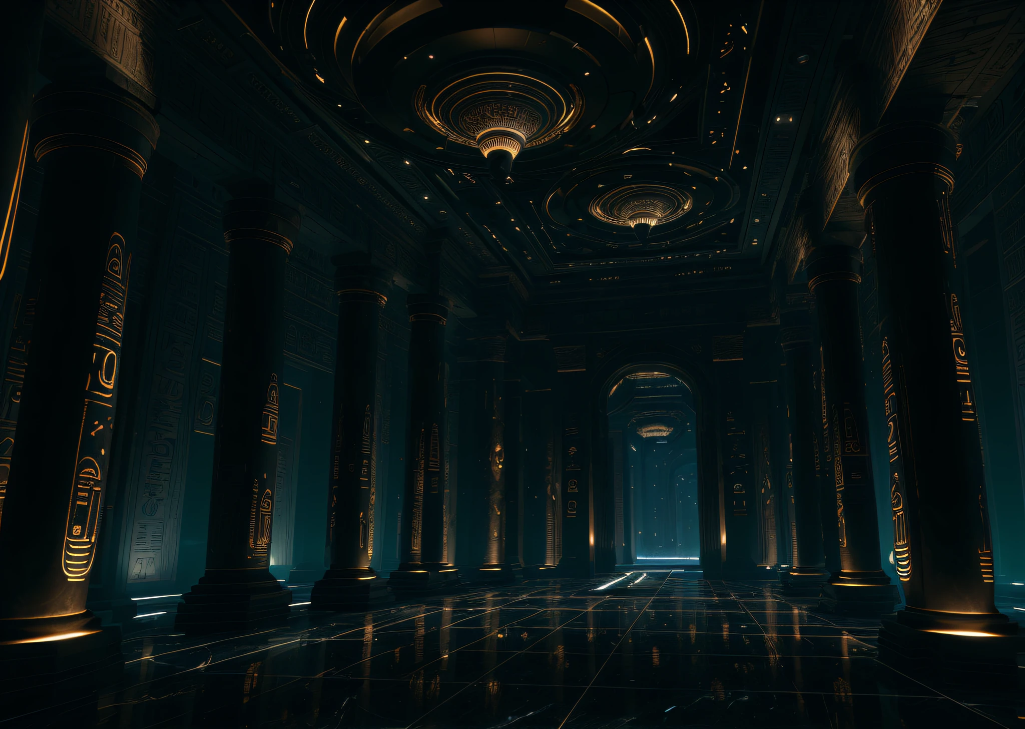 incredible black luxurious futuristic interior in Ancient Egyptian style with lotus flowers, palm trees, hieroglyphics, rocky walls, sand, marble, precious minerals, metals, gemstones, crystals, clouds and water, crocodiles, ultra luxury, black marble – with beautiful lights, Unreal Engine, HQ, 16k