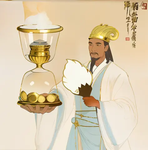 of a guy，white  clothes，Glass hourglass，There are gold coins inside，standing on your feet，With white fan，Ancient wind