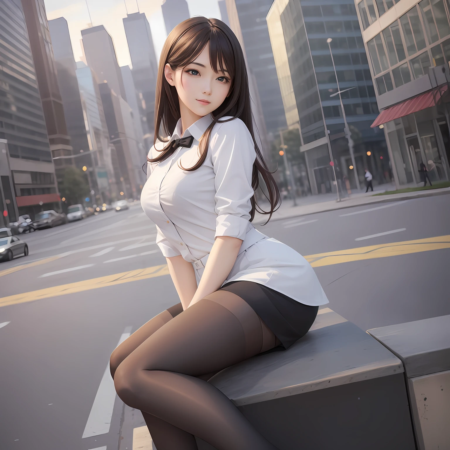 ((Best quality, 8k, Masterpiece :1.3)), Whole body, Long legs, Sharp focus :1.2, A pretty woman with perfect figure :1.4, Slender abs :1.1, ((Dark brown hair, Big breasts :1.2)), (Light fabric white shirt, Happy expression, Standing:1.2), ((Night city view, Balcony :1.3)), Highly detailed face and skin texture, Detailed eyes, Double eyelid --auto