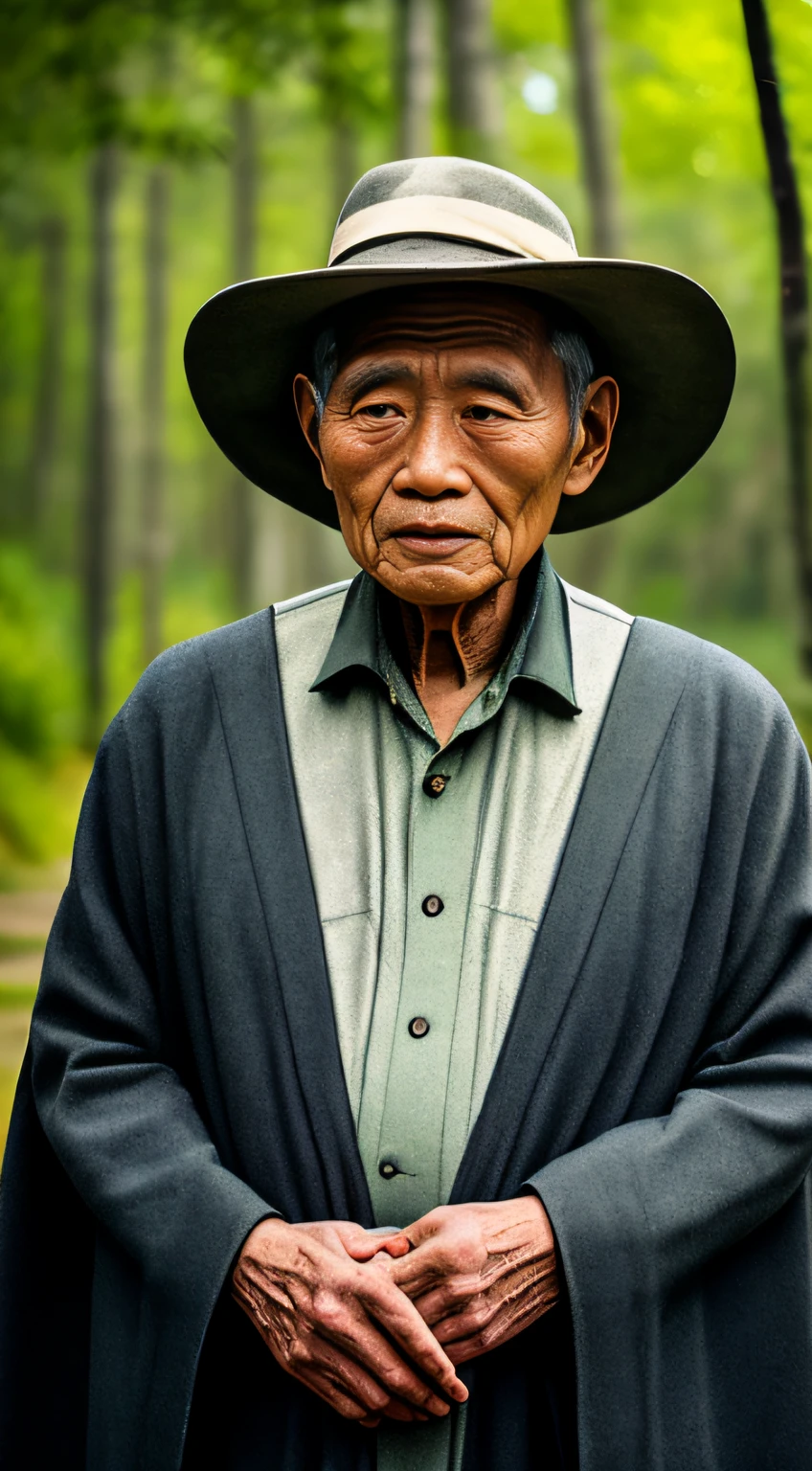 Portrait photography style，A masterpiece of the world，Ultra-unique, highly professional digital art，Film format，Hyper-realistic，Color motion picture film photography with ultra-fine detail and quality，The background is deep in the forest，An elderly man in rural China，Wise old man。He wears an old cape，The eyes are kind and shrewd。He stood upright，His skin had been blackened and powerful by the sun and rain，Wrinkles are fixed on the corners of the mouth and forehead，It seems that his years have precipitated。Wearing a dark gown, although the appearance is simple，But it exudes sublime wisdom and a sense of tenacity of strength。