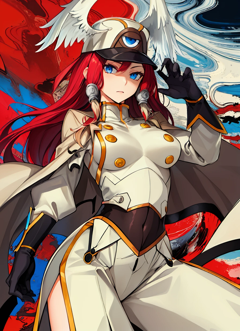 (((extremely detailed, promotional art, official art, abstract background))), 1girl, tsubakims, hair tubes, hat, gloves, uniform, cape, military uniform, head wings, blazblue, Tsubaki yayoi, sexy pose