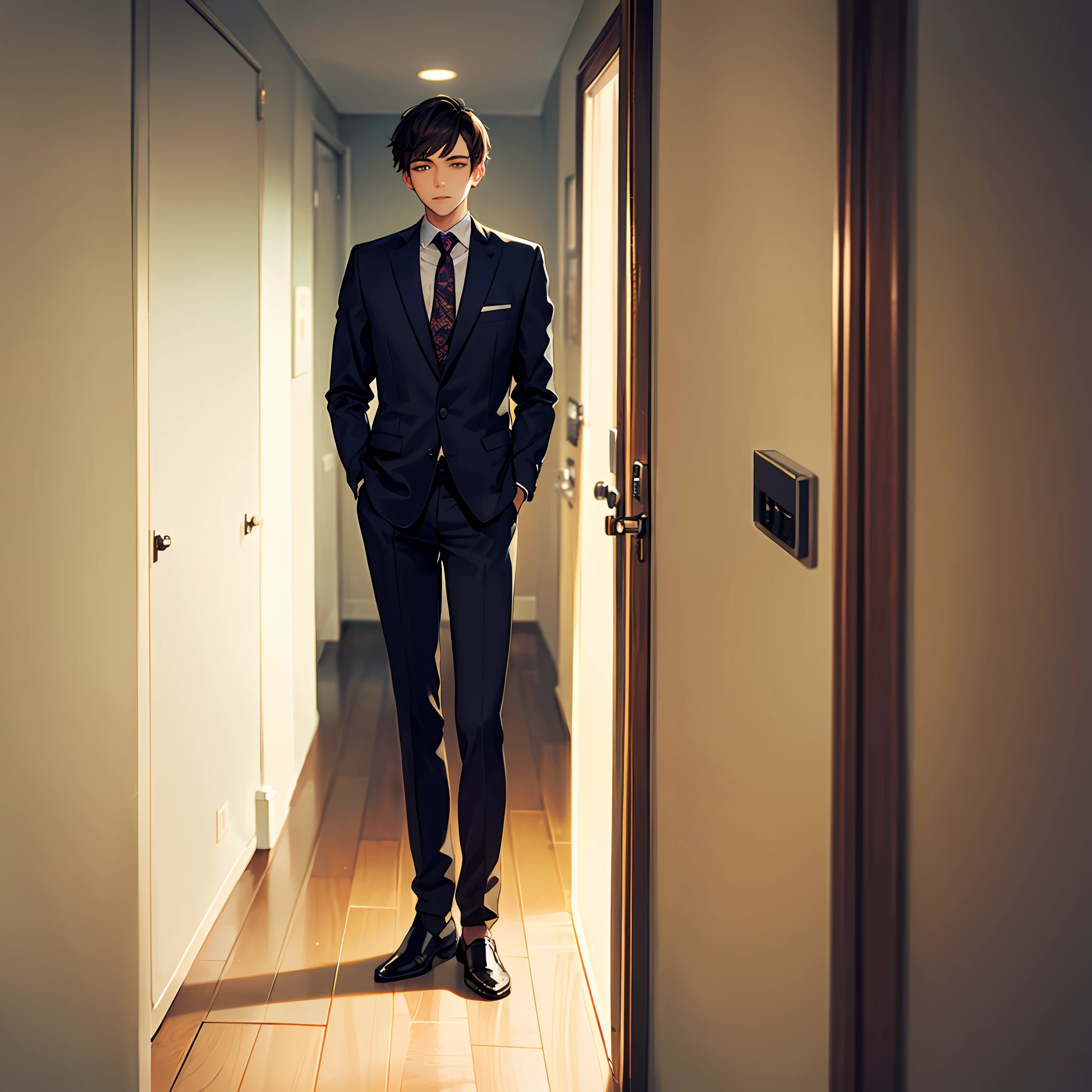 A young man in a suit，Standing in the doorway，Look inside the room，Cowboy shooting，（brunette color hair：1.3），