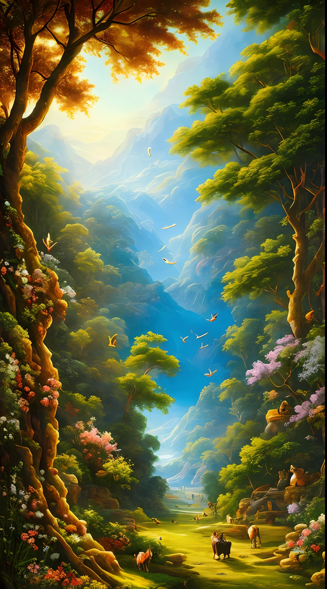 imagem masterpiece, melhor qualidade | um lindo jardim do Éden cheio de árvores, flores coloridas e animais ao redor de Adão e Eva | iluminação suave, imaginação natural, pintura de alta definição, cores suaves e textura rica, detalhes intrincados