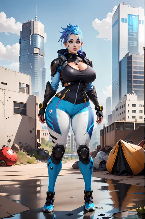 arafed female in a blue and white outfit standing in front of a building, sexy body, big boobs, pretty face, long hair, tall, in style of apex legends, apex legends armor, wraith from apex legends, chrome outfit, loba andrade from apex legends, apex legend...