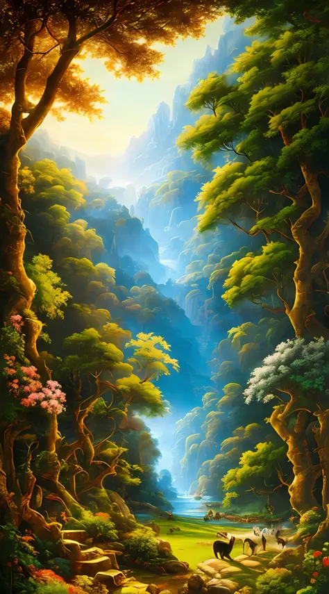 imagem masterpiece, best quality | a beautiful garden of Eden full of trees, colorful flowers and animals around Adam and Eve | ...
