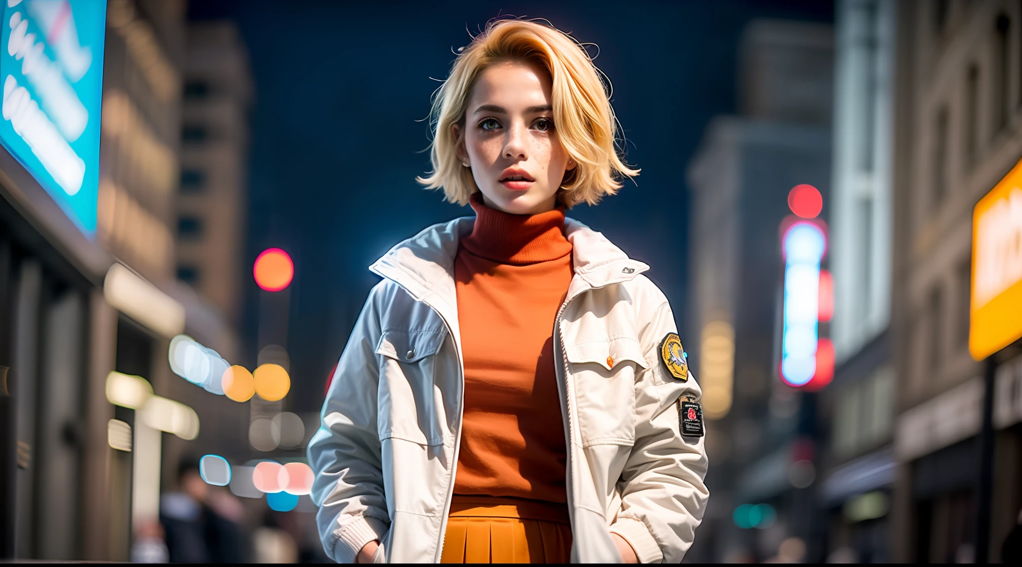 ((Cheryl Mason, blonde_hair, woolcuffs)), semi-realistic, masterpiece, best quality, highres, 1girl, solo, (jacket, pockets:0.5, white_jacket:1.4, sleeveless, green_skirt, freckles, orange_turtleneck:1.4, blood:1.5), dark, (darkness:1.5), night time, outdoors, short hair, adult, woman