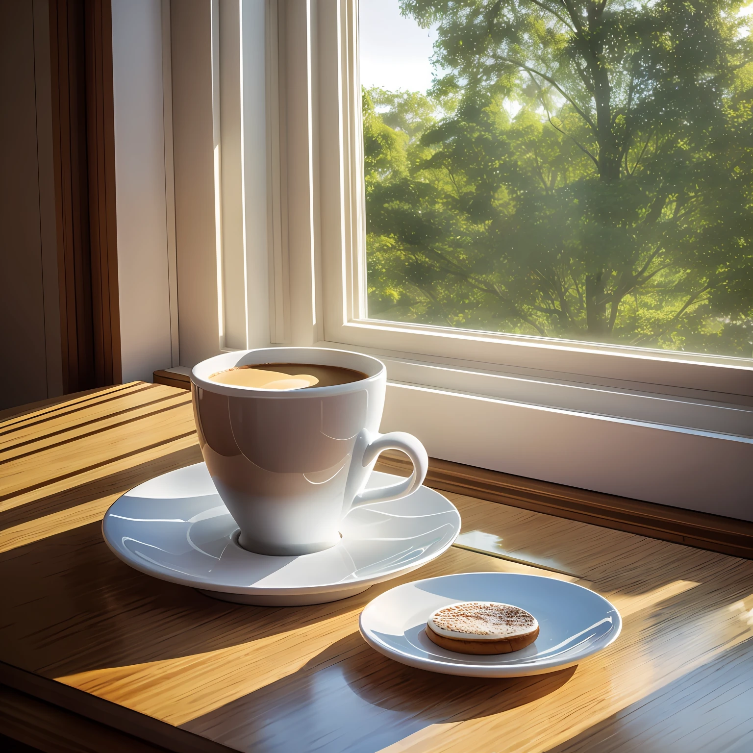 Bright kitchen，Round close-up table，There was milk on the table，，orange，Milk soaked cereals，There was coffee，Outside the window is a blurry wheat field，with blue sky and white clouds --auto