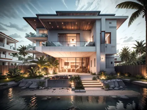 Boho house, luxury beach front Caribbean luxury villa, glass open space loft villa with roof garden, modern, dynamic (RAW photo,...