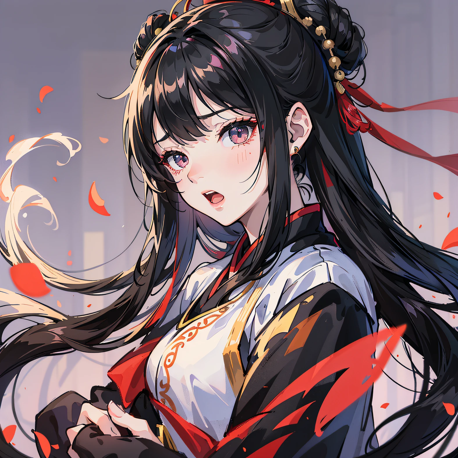 Hanfu，teens girl，Black hair and black eyes，flat bangs，tear-mole，ancient wind，The upper part of the body，Need，tmasterpiece --auto