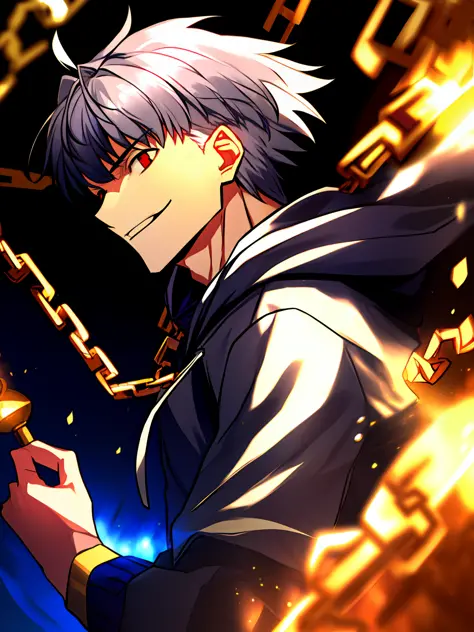 solo, ((male with silver hair wearing hoodie surrounded by glowing golden chains)), (blunted bangs), (red eyes), (smirk), ((high...