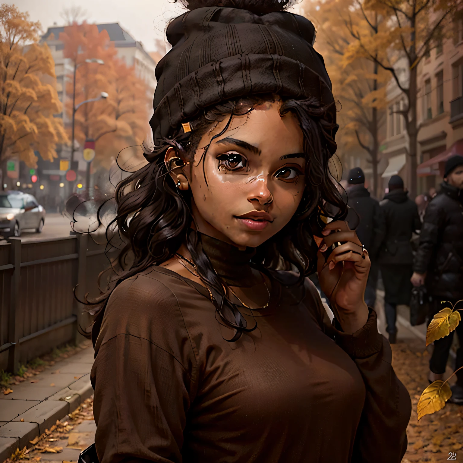 femme noire, Début des années 20, automne, cheveux foncés, Beanie a, feuilles, jour