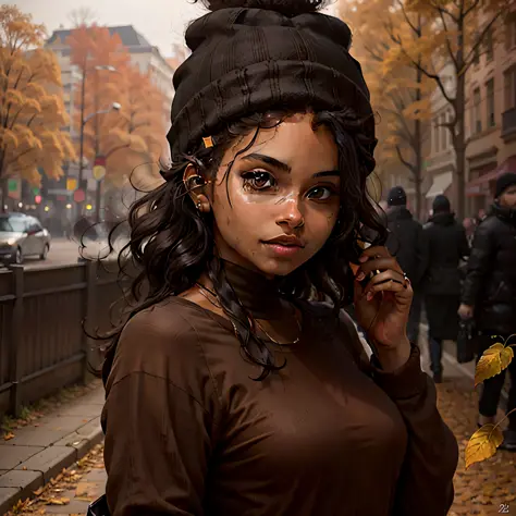 black woman, early 20s, fall, dark hair, beanie hat, leaves, daytime