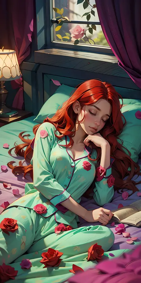 The Sleeping Woman, Realistic, She is dressed in pajamas, red hair color, parallax, Ultra Hyper Mega Contrast, sleeps on a gorge...