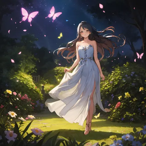 1girl, solo, full body, (masterpiece:1.21), (best quality:1.2), colorful, (illustration:1.2), (cinematic lighting:1.1), (bare shoulders:1.21), (collarbone:1.21) in this whimsical A beautiful and dreamlike garden, the scene is illuminated by a rainbow (colo...