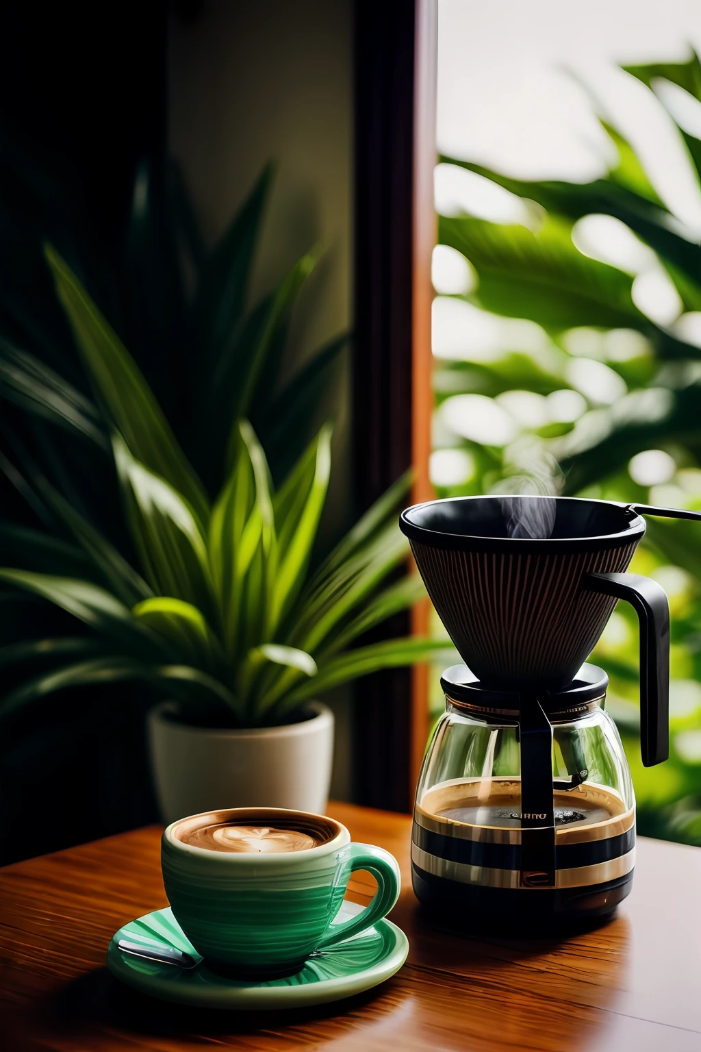 cafe, coffee cup, coffee maker, tropical style, green ceramics, plant, flower, mirror, glass, banana leaf, lens flare, dim light, epic, bali, dramatic light,