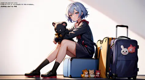 Anime - style girl sitting on suitcase with stuffed animals, Guviz, Guviz-style artwork, anime visual of a cute girl, Cute anime...