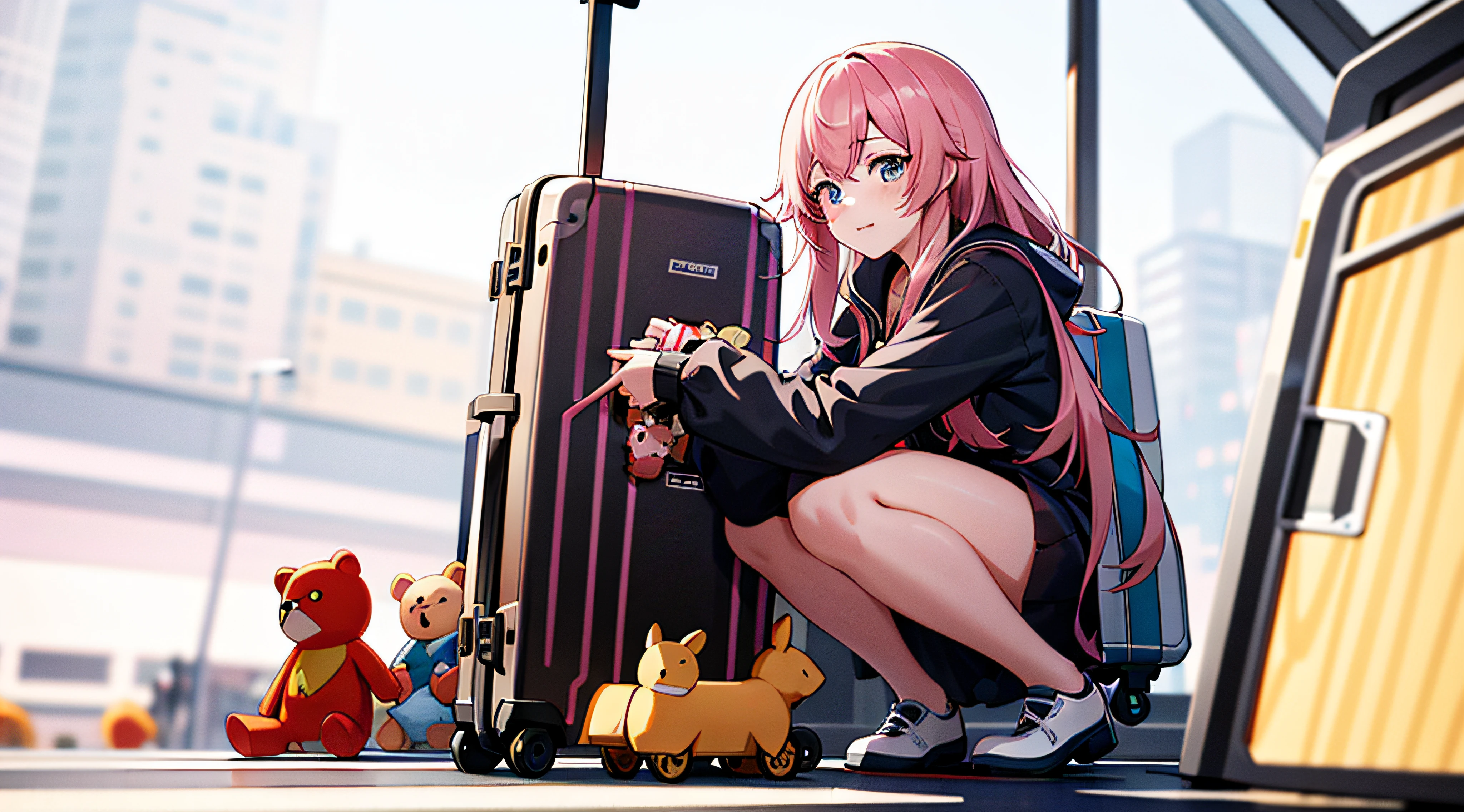 Anime - style girl sitting on suitcase with stuffed animals, Guviz, Guviz-style artwork, anime visual of a cute girl, Cute anime girl, Guweiz on ArtStation Pixiv, Anime art wallpaper 8 K, Guweiz in Pixiv ArtStation, the anime girl is crouching, Anime art wallpaper 4k