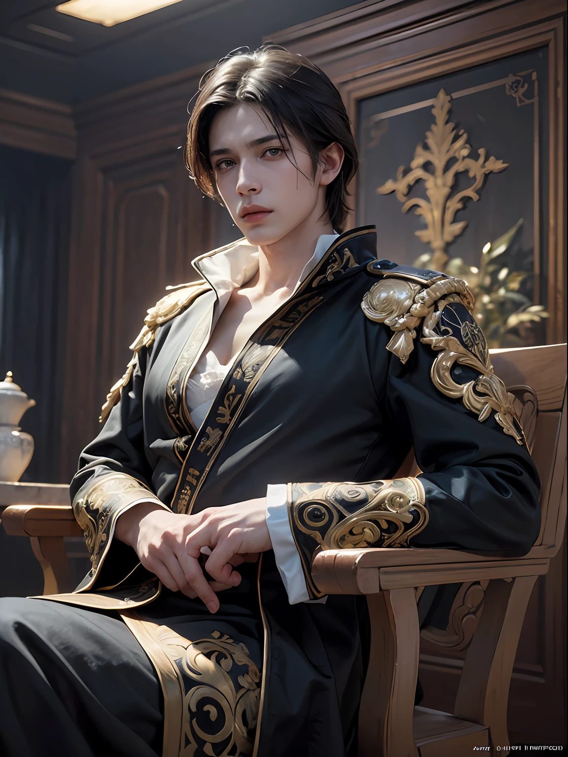 (Half body), 1man, solo focus, adult, pale and young adult face, short black hair, black silk robe, realistic, dynamic pose realistic, detailed and correct facial and body structure, king sits on icy throne, blades ornaments, frost mountain, LEON S. KENNEDY, handsome, attractive, slightly muscular, cinematic lighting, unreal engine, trending on ArtStation, intricate details,  masterpiece, best quality, by Irakli Nadar, Greg Rutkowski，(((best quality))),(((ultra detailed))),(((masterpiece)))