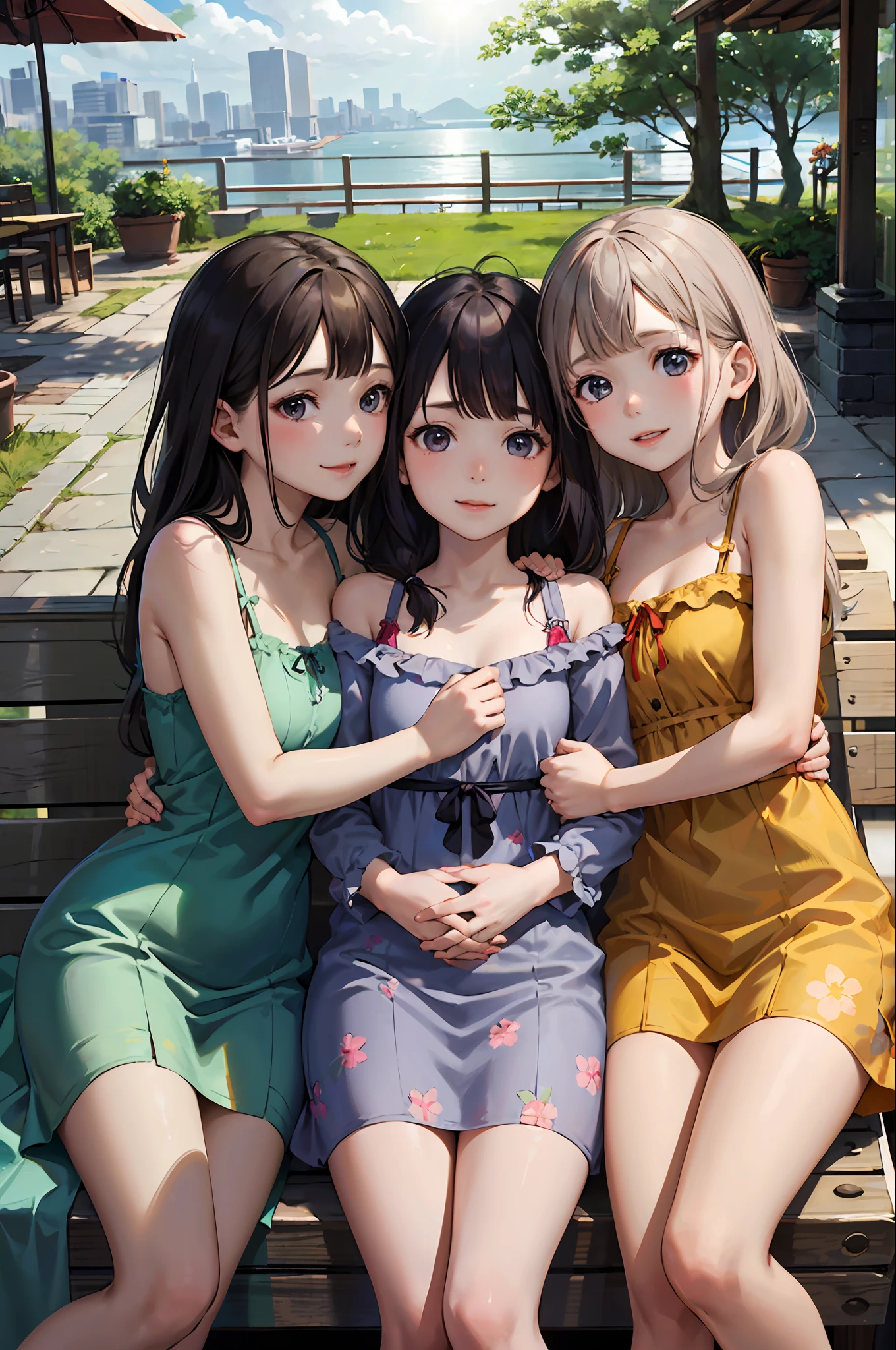 Three girls，Snuggle up to each other，Afternoon in the sun，Wearing a floral dress，Small park downstairs for residents，A half-covered smile，jumpping、hugs、Hand in hand，Happy atmosphere，Depth of field，Ray traching