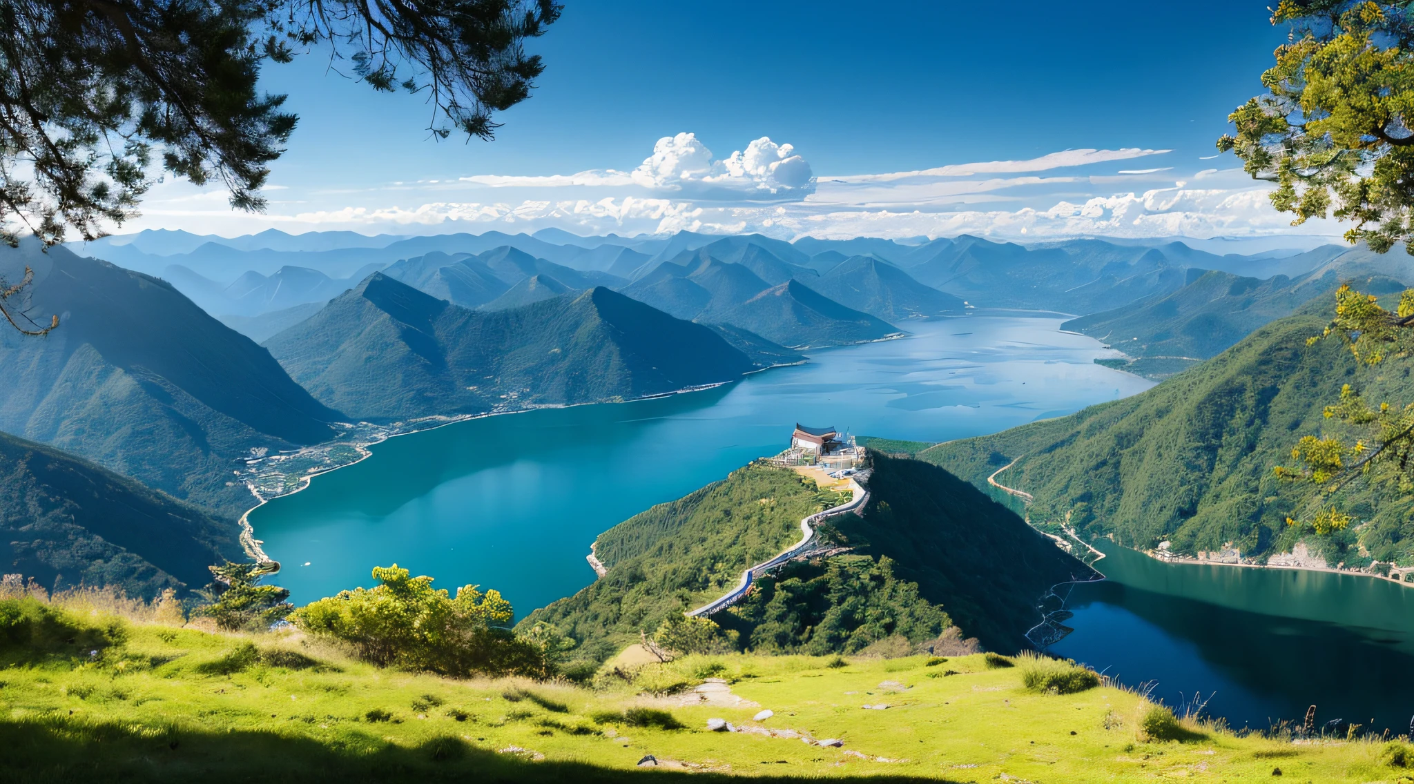 mountain lakes，The water in the lake is clear，Surrounded by mountains，surrounded by cloud，It's like being in a wonderland。Beautiful、heal、Scenic blockbuster、Eye protection、freshen、great outdoors、Wonderland、The wide-angle、Leica、Ultra-clear、Bright light，Authentic scenery，high-definition photography，Rich level of detail --auto