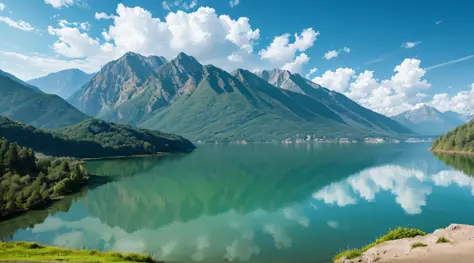 mountain lakes，the water in the lake is clear，surrounded by mountains，surrounded by cloud，it's like being in a wonderland。beauti...